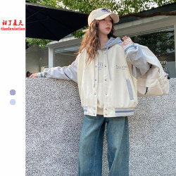 Girls' Jacket Spring and Autumn Children's Blue Baseball Jacket Autumn Outfit Big Kids Casual Jacket Girls' Spring Outfit Preppy Style Top