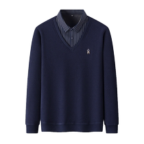 Mens fleece thermal underwear mens long-sleeved young and middle-aged fake two-piece thick shirt collar dad sweater mens tops