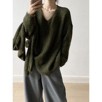 M miss warm, soft and waxy v-neck sweater for women + shawl two-piece set, loose temperament and versatile top for autumn and winter 25805