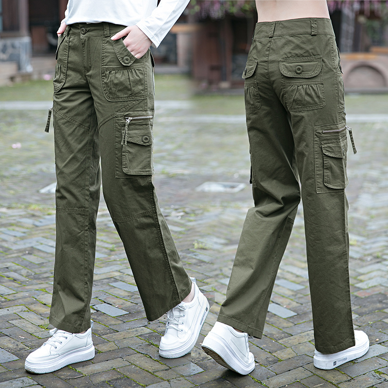Military Green Cargo Pants for Women 2026 New Summer Thin High-Waisted Wide-Leg Women's Pure Cotton Straight Casual Pants
