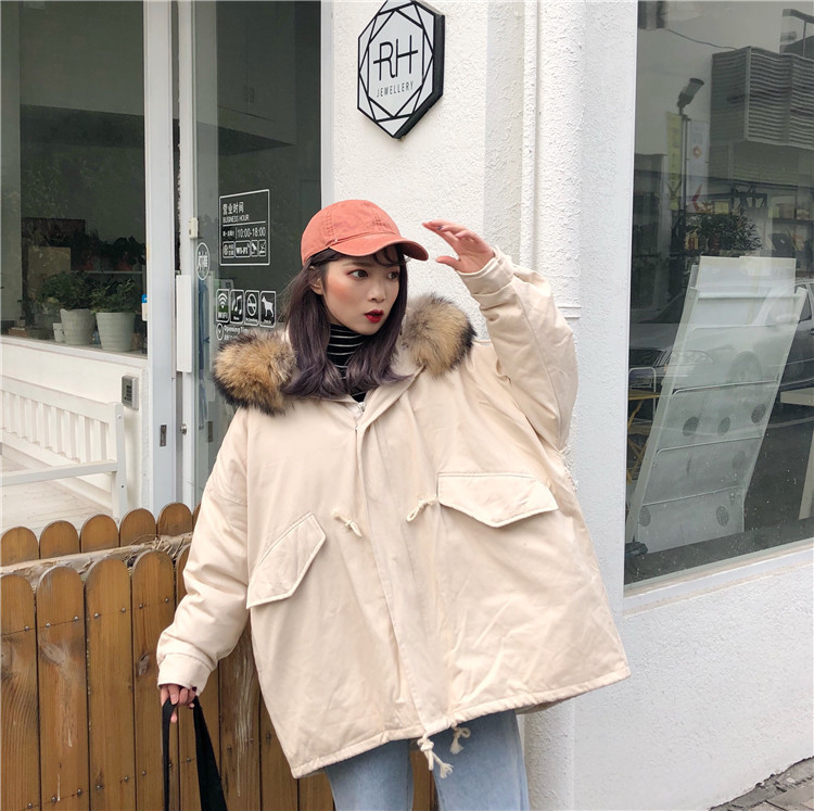 Quần áo cotton mùa đông chic nữ dài phần phiên bản Hàn Quốc 2018 mới bf lỏng rộng cổ áo lông thú bông áo khoác - Bông áo khoác phao nữ đẹp