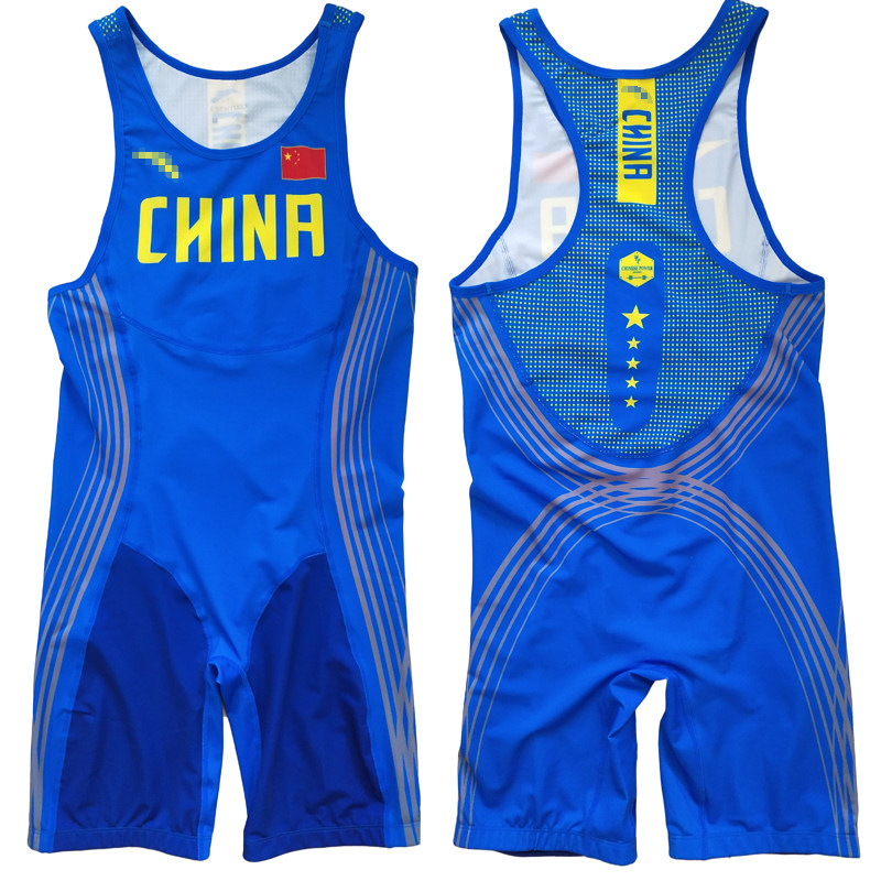 中国队2017-2018版吕小军比赛同款 连体举重 服摔跤服连体紧身衣