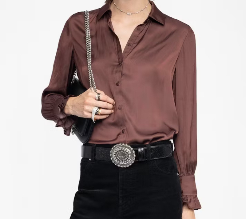 French Light Luxury Satin Shirt with Ruffled Cuffs and Small Lapel in Coffee Color, Long-Sleeved, in Rich Chocolate Color