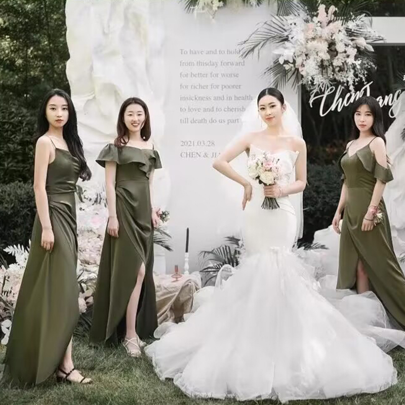 Green Bridesmaid Dress 2026 New Summer Wedding Sister Group Long Dress High-End Elegant Niche Evening Dress Satin Green Bridesmaid Dress 2026 New Summer Wedding Sister Group Long Dress High-End Elegant Niche Evening Dress Satin