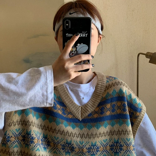 Демисезонный ретро свитер без рукавов, трикотажный жилет, французский стиль, свободный крой, в корейском стиле