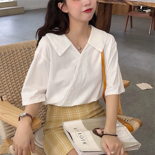 Кукла, весенняя летняя универсальная милая рубашка, V-образный вырез, кукольный воротник, в западном стиле, по фигуре, французский стиль, популярно в интернете