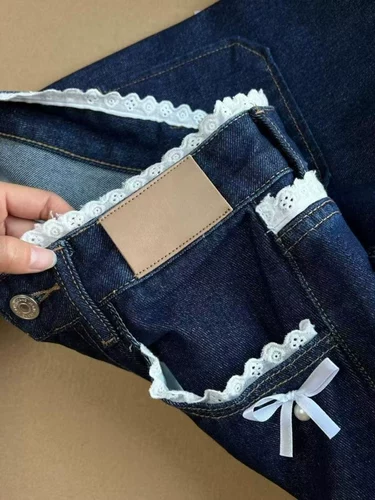 Синие кружевные осенние прямые свободные джинсы с бантиком, сексуальные штаны, свободный крой, высокая талия