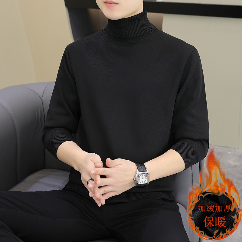 メンズ冬用フリース裏地付き厚手セーター、ハイネック、新スタイル、ホワイトニットウェア、スリムフィット、暖かい服、トレンディなメンズ服。