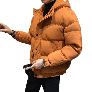 Men's Winter Puffer Jacket, Short Thickened Cotton Coat, Orange Trendy Cotton Jacket, Korean Style Hooded Cotton Coat