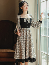 2021 Autumn Winter New Plaid Platycodon skirt super fairy ins square collar long sleeve French vintage dress little woman