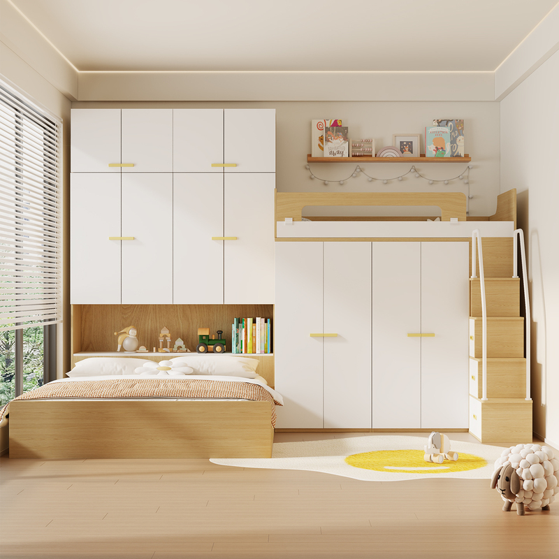 Small-Sized Children's Double-Layer Bunk Bed with Integrated Wardrobe and Desk, Staggered Bunk Bed