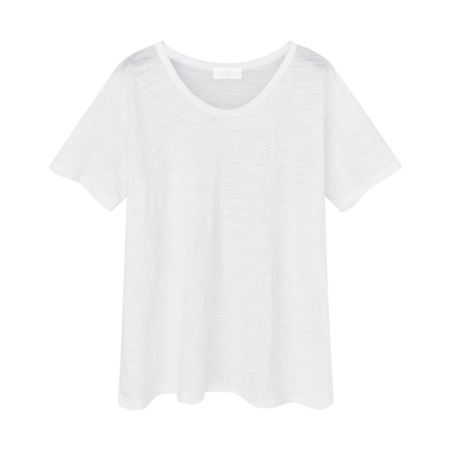 Summer new loose Korean style pure cotton slub cotton large neckline low collar white t-shirt women's short-sleeved solid color half-sleeved top