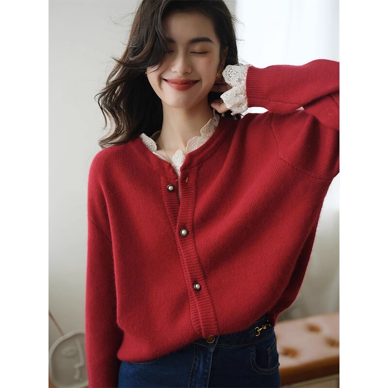 Red Lace Knit Cardigan for Women in Their Zodiac Year, Suitable for Spring and Autumn, French-Style Wool Sweater Jacket for Outerwear