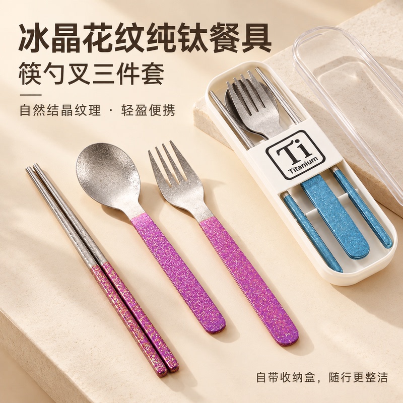 Pure Titanium Ice Flower Chopsticks, Spoon, and Fork Three-Piece Cutlery Set with Portable Storage Box for Students, Office Workers, Outdoor Camping, and Picnics Pure Titanium Ice Flower Chopsticks, Spoon, and Fork Three-Piece Cutlery Set with Portable Storage Box for Students, Office Workers, Outdoor Camping, and Picnics