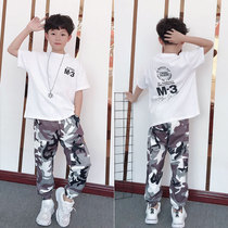 Boys camouflage pants casual loose 2021 summer thin Korean edition childrens suit in large childrens sports short-sleeved tide