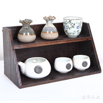 Solid wood tea set Teacup teapot shelf Desktop multi-treasure pavilion Antique rack Hanging wall box Oblique two-grid rack shelf Tea shed