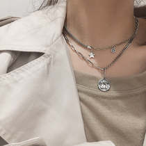 Spike welfare 925 sterling silver Angel coin retro round brand necklace female ins hip hop sweater chain Silver Silver