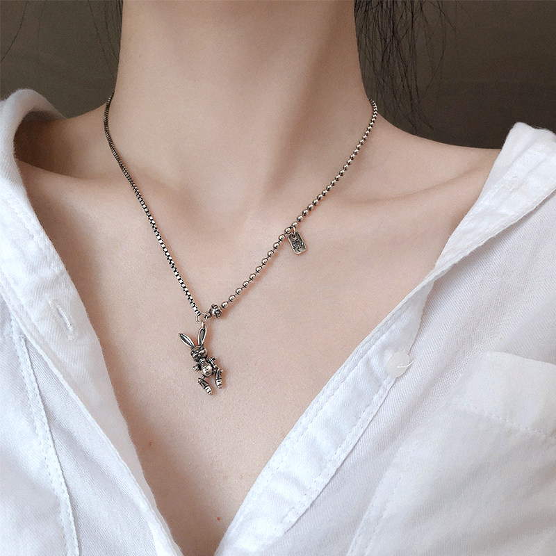 S925 Sterling Silver Thai Rabbit Necklace 2021 New Female Smiley Clavicle Chain Cold Wind Retro Light Luxury Minor
