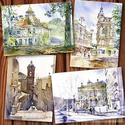 Watercolor European scenery City Street View Russian illustration Postcard Postcard art elegant decorative painting