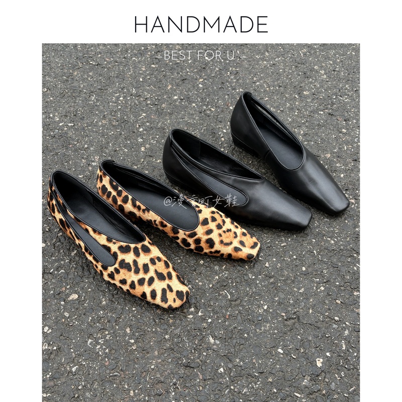 Manyan Women's Shoes with Horsehair Square Toe Flat Shoes 2026 New Style Personalized Leopard Print Shallow Mouth Women's Shoes