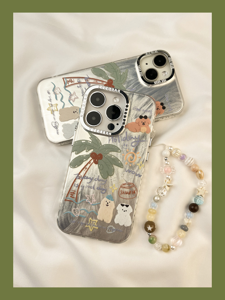 Ins Summer Feather Yarn Coconut Tree Graffiti Puppy Suitable for iphone Promax Phone Case iPhone 14 New 15 Pro Soft 13_voghion.com