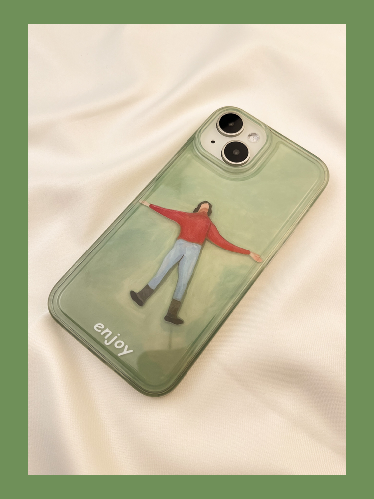 Ins Green Base Lawn Lying Flat Oil Painting Suitable for Phone iPhone Max New 15 Female Edition Niche 14 Cartoon_voghion.com