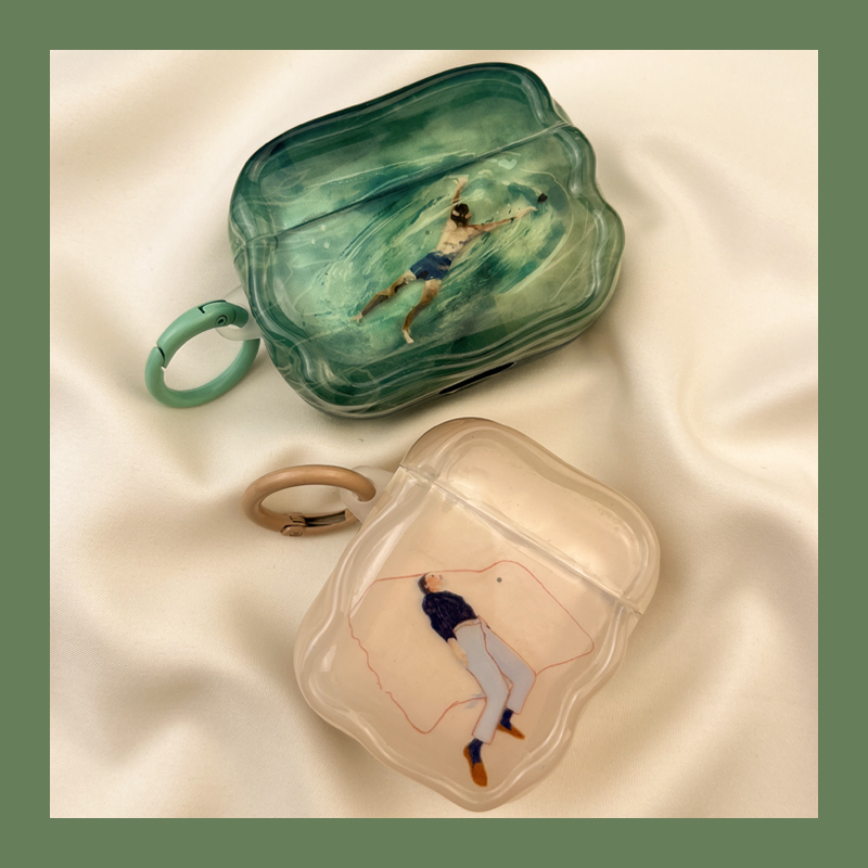 ins Unique Green Swimming Oil Painting AirPods Case for AirPods 3, Compatible with Apple Pro Headphones, Soft Shell for Second Generation Wireless Bluetooth 1, Third Generation AirPods 2, Fourth Generation, Fifth Generation