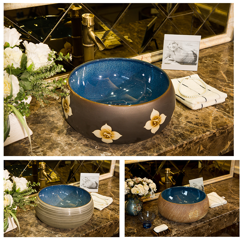 Chinese Art Basin Terrace Basin Round Home Tire Handwashing Pool Makeup Room Washbasin Ceramic Retro Table Basin