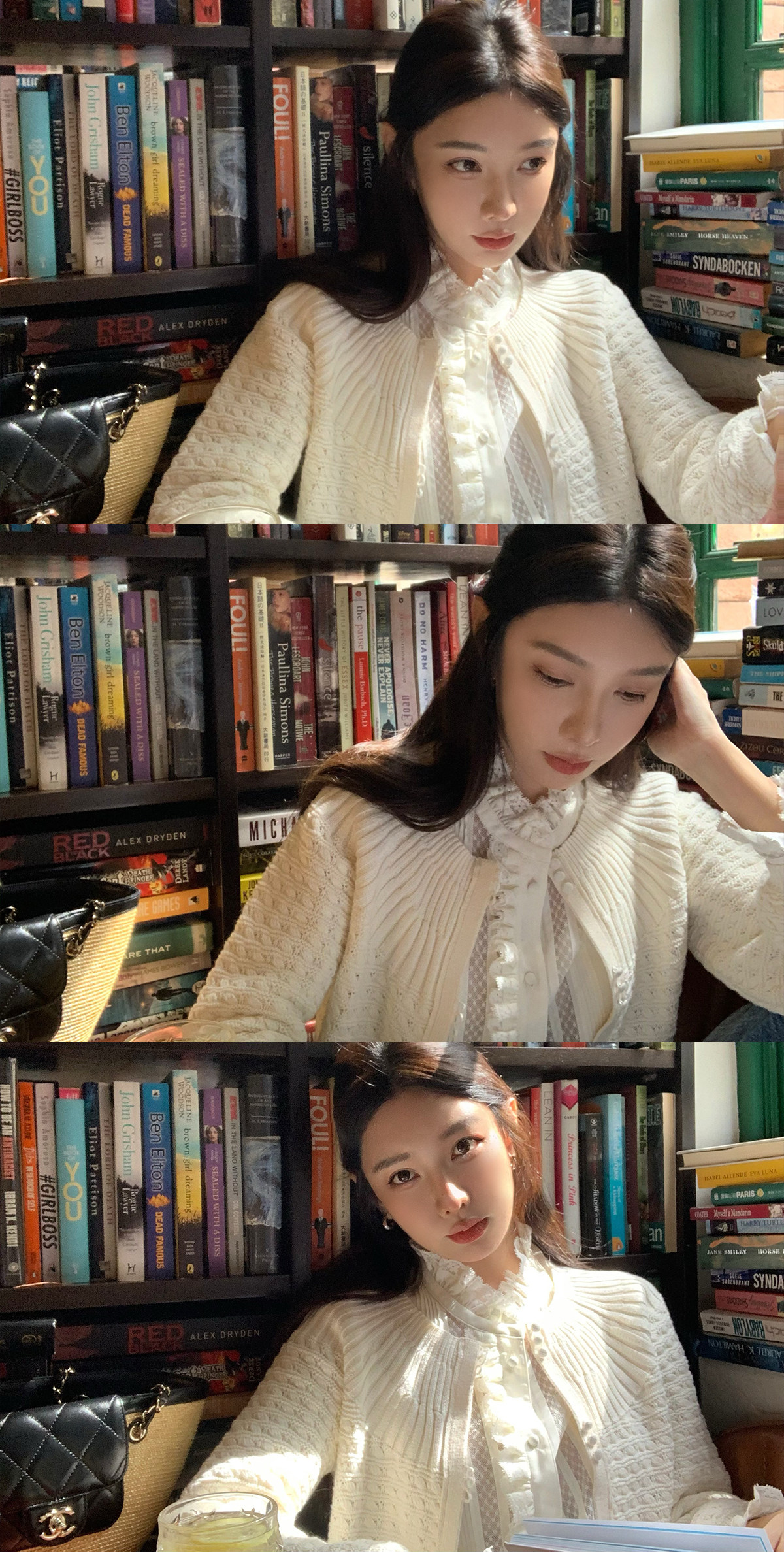 시 웨이 리앙 봄날 전복 프랑스식 낭만주의 루즈핏 느긋한 라운드 넥 벌룬 소매 홀로우 아웃 오픈 가디건 상세 이미지 14