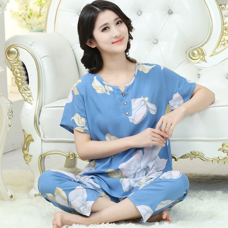 . Đồ ngủ phụ nữ mùa xuân và mùa hè cotton ngắn tay bà mẹ trung niên và cao tuổi mặc bộ đồ phục vụ tại nhà cotton lụa nhân tạo - Bên ngoài ăn mặc