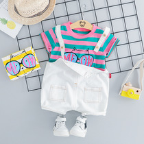 Summer baby striped short sleeve baby girl strap shorts two-piece children Korean casual cotton suit