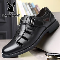 Mens sandals Summer cool leather shoes Mens leather breathable middle-aged hollow hole business casual middle-aged dad shoes
