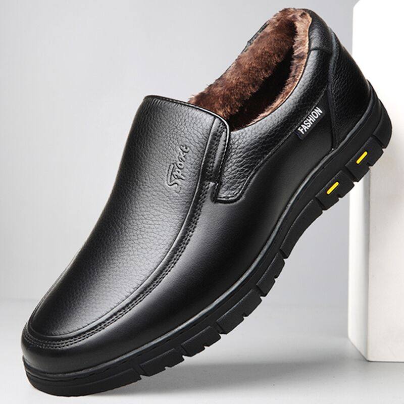 Two cotton shoes men's winter warmth plus fluff leather shoes men's casual middle-aged men's real leather fathers middle-aged and older dad shoes