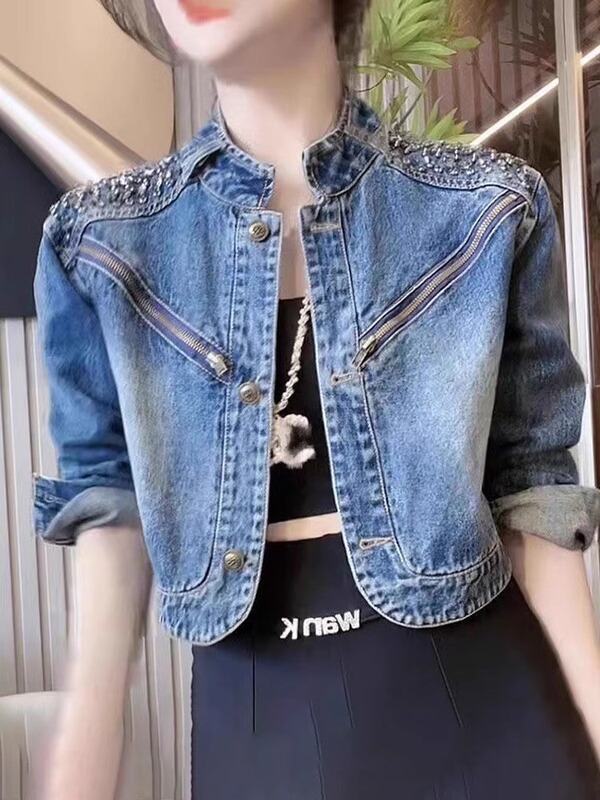 Denim Short Jacket for Women 2026 New Autumn Stand Collar European Style Rhinestone Embellished Petite Short Women's Clothing with a High-End and Unique Feel