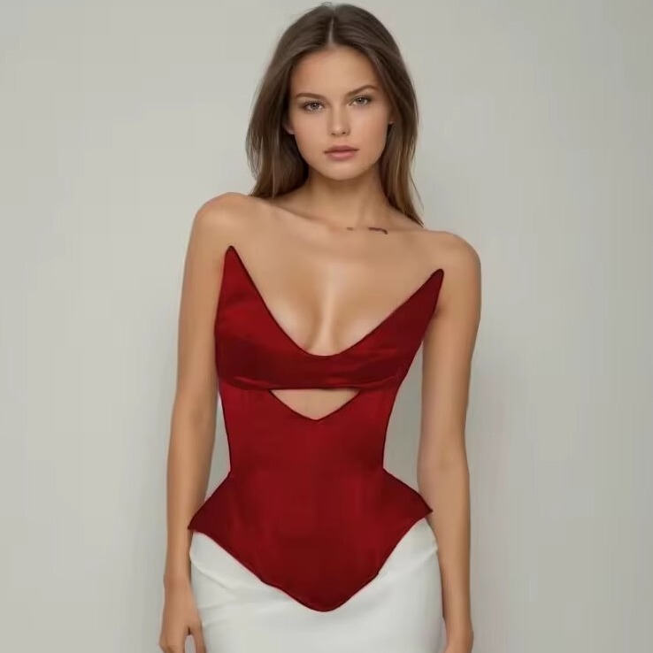 European and American Style Sexy Cut Out Fishbone Corset Wedding Dress Satin Corset Outer Wear Strapless Tube Top Red Dress