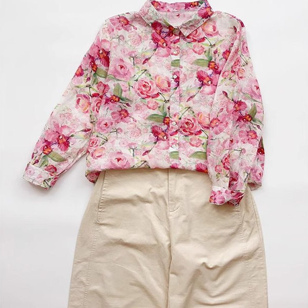 Rouje Esvip French Versatile Thin Ramie Floral Shirt for Women, Pink New Hot-Selling Polo Shirt Top
