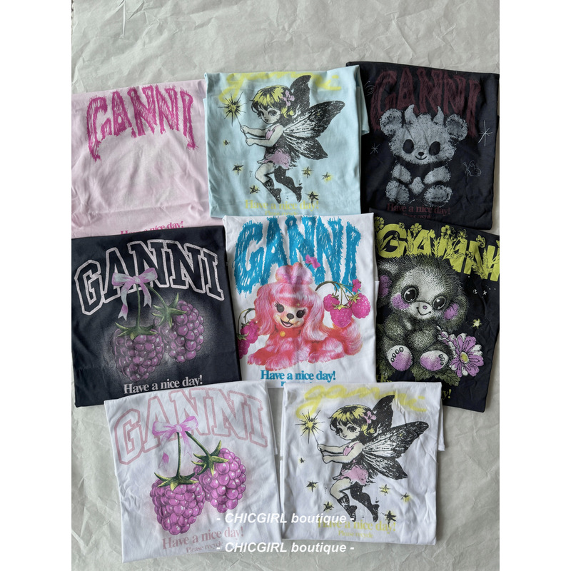 Discounted Ganni Printed Round-Neck Pure Cotton Cartoon T-Shirt Fairy Bear Monkey Puppy 26 Spring/Summer