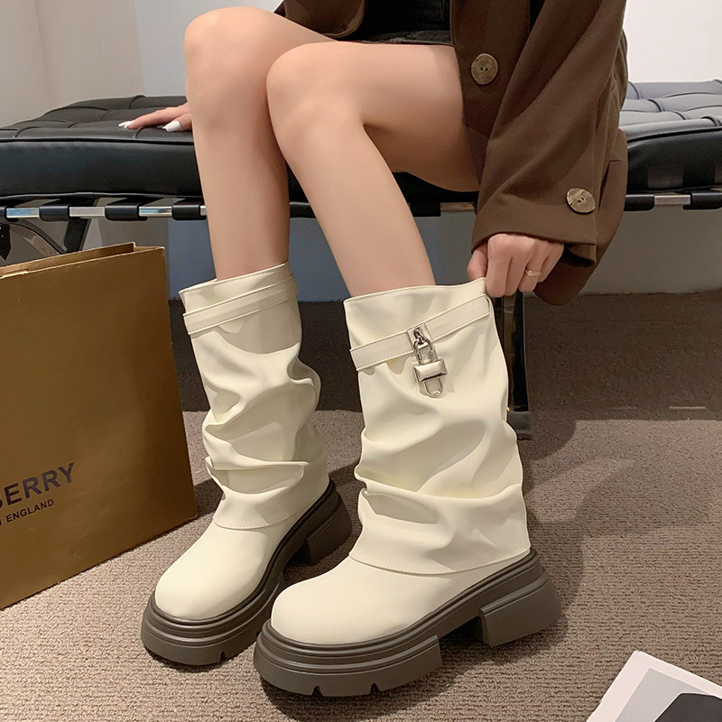Trendy Thick-Soled Height-Increasing Short Boots for Women, 2025 Summer Retro Versatile Stacked Trouser-Leg Boots, White Mid-Calf Boots