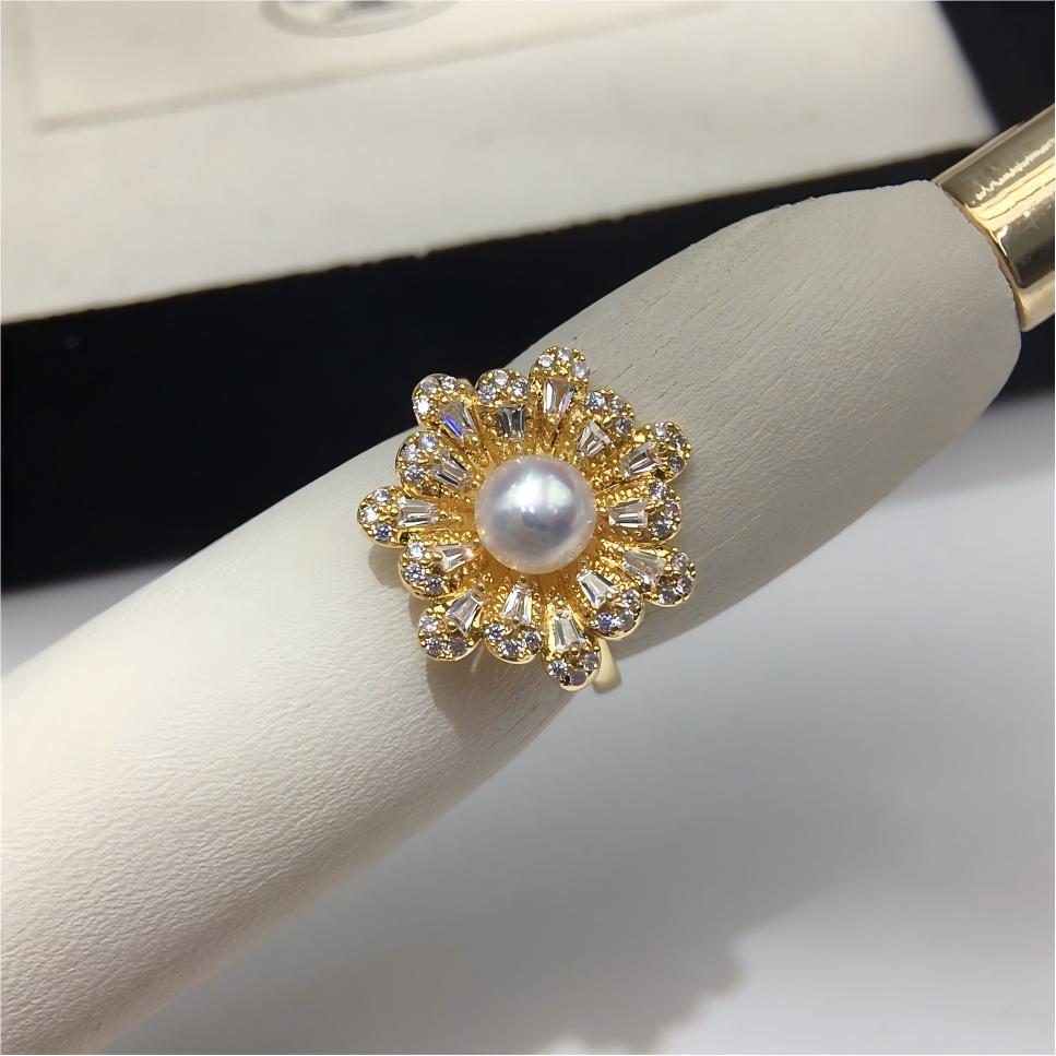 Natural freshwater pearl ring for women, light luxury, high-end, fully inlaid with zircon, exquisite bright flower pearl jewelry wholesale