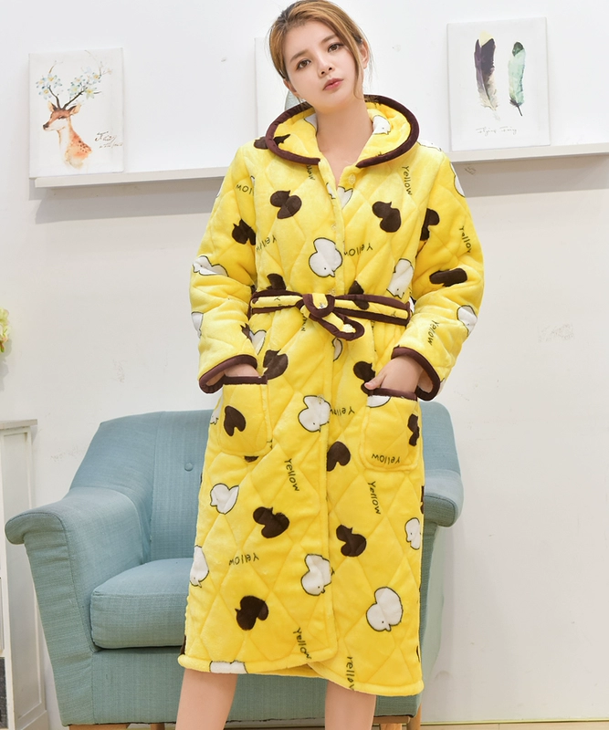 Áo ngủ nữ mùa đông flannel dày cộng với nút dài lông cừu san hô chần mùa đông ấm áp nút đồ ngủ của phụ nữ áo khoác ngủ