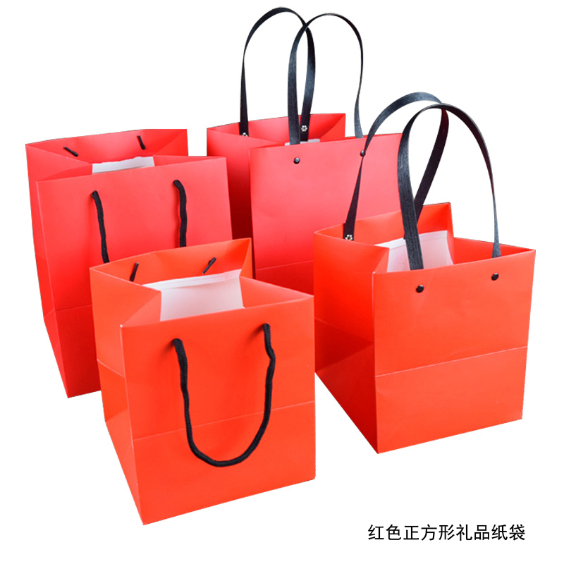 Red Paper Bag Square Bottom Cake Gift Bag Handbags Fruit Packing Bag Flowers Bonsai Set For Takeaway Bag