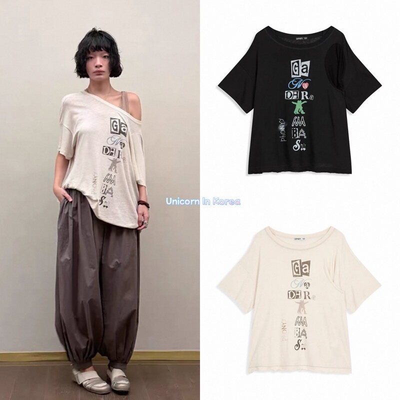 In-Stock Items from the Boutique: Open Yy Designer Brand 26 Spring/Summer Round Neck Artistic Asymmetrical Shoulder Letter Print Short-Sleeve T-Shirt