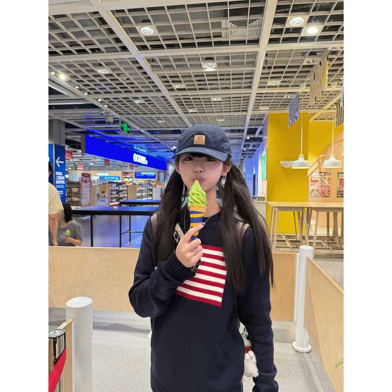 Soft and Vintage-Style Navy Blue Flag Jacquard Crew Neck Sweater for Women, Autumn and Winter High-End Lazy Pullover Knit Top