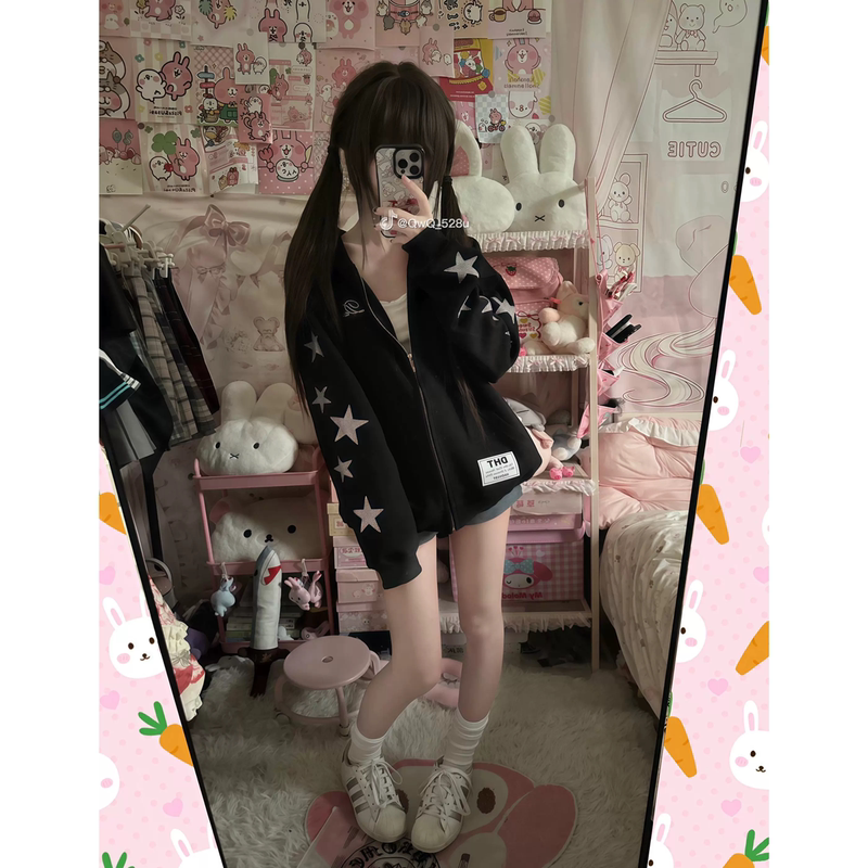 American Retro High Street Rhinestone Star Hooded Sweatshirt for Women, Spring, Autumn, and Winter Couple's Niche Design Trendy Brand Jacket