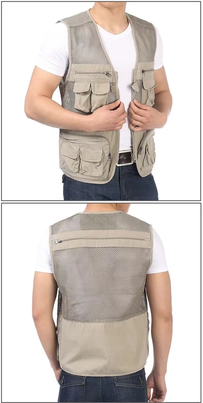 Cotton giặt rỗng áo vest nam chụp ảnh nhiều túi với áo vest mùa hè áo len lưới thoáng khí - Áo vest cotton