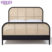 New Chinese style rattan double bed simple modern B&B 1 8m solid wood bed Japanese style wabi-sabi style Nordic hotel furniture
