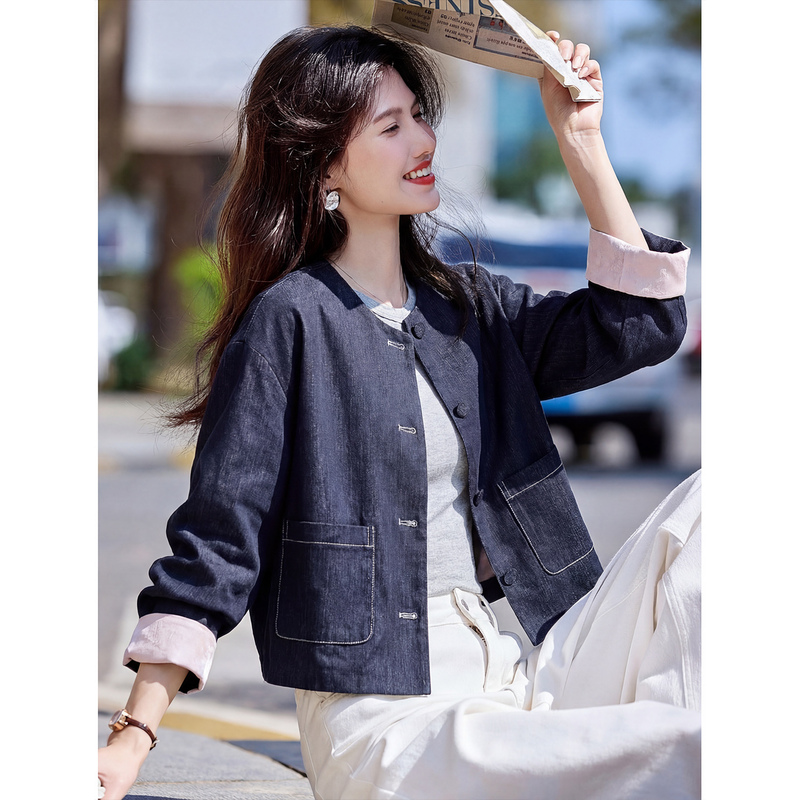 Xinfeiyu New Chinese Style Denim-Look Jacket for Women 2026 Spring New High-End Short Round Neck Jacket for Petite Figures Xinfeiyu New Chinese Style Denim-Look Jacket for Women 2026 Spring New High-End Short Round Neck Jacket for Petite Figures