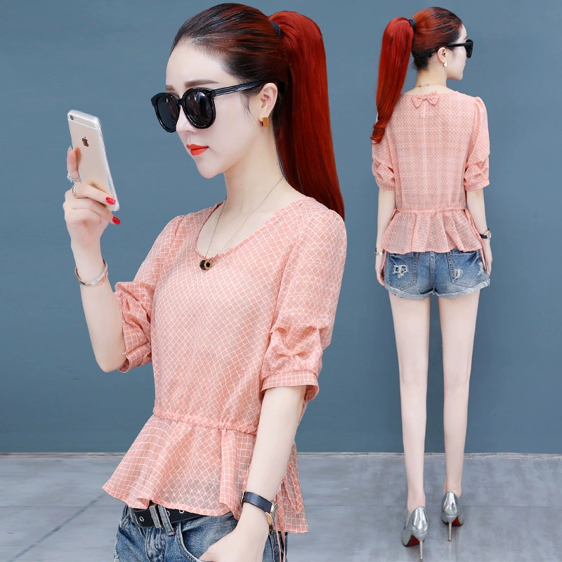 Áo len voan tay ngắn nữ 2020 mới hè hè Váy ngắn eo váy họa tiết hoang dã nhỏ top top - Áo sơ mi chiffon ren