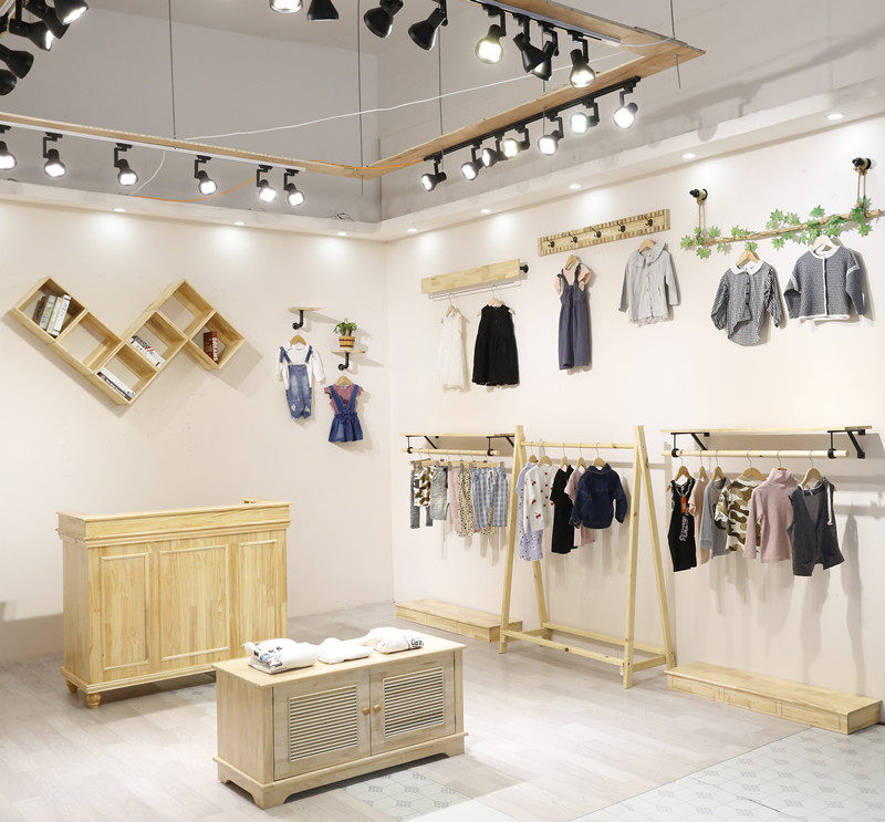 Clothing store hanger display rack Women's store shelves Solid wood wood color children's clothing wall hanging floor-to-ceiling combination rack