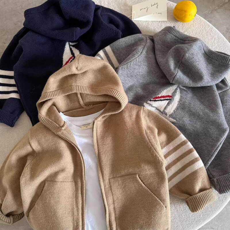 2026 Spring and Autumn New Children's Sweater Jacket for Boys, Toddler Tb Hooded Cardigan, Baby Trendy Brand Knitwear for Girls, Stylish